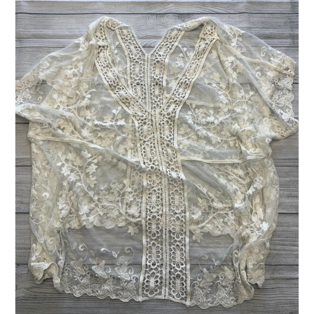 Cupshe Lace Kimono Top Womens OS Ivory Sheer Floral Boho Festival Feminine